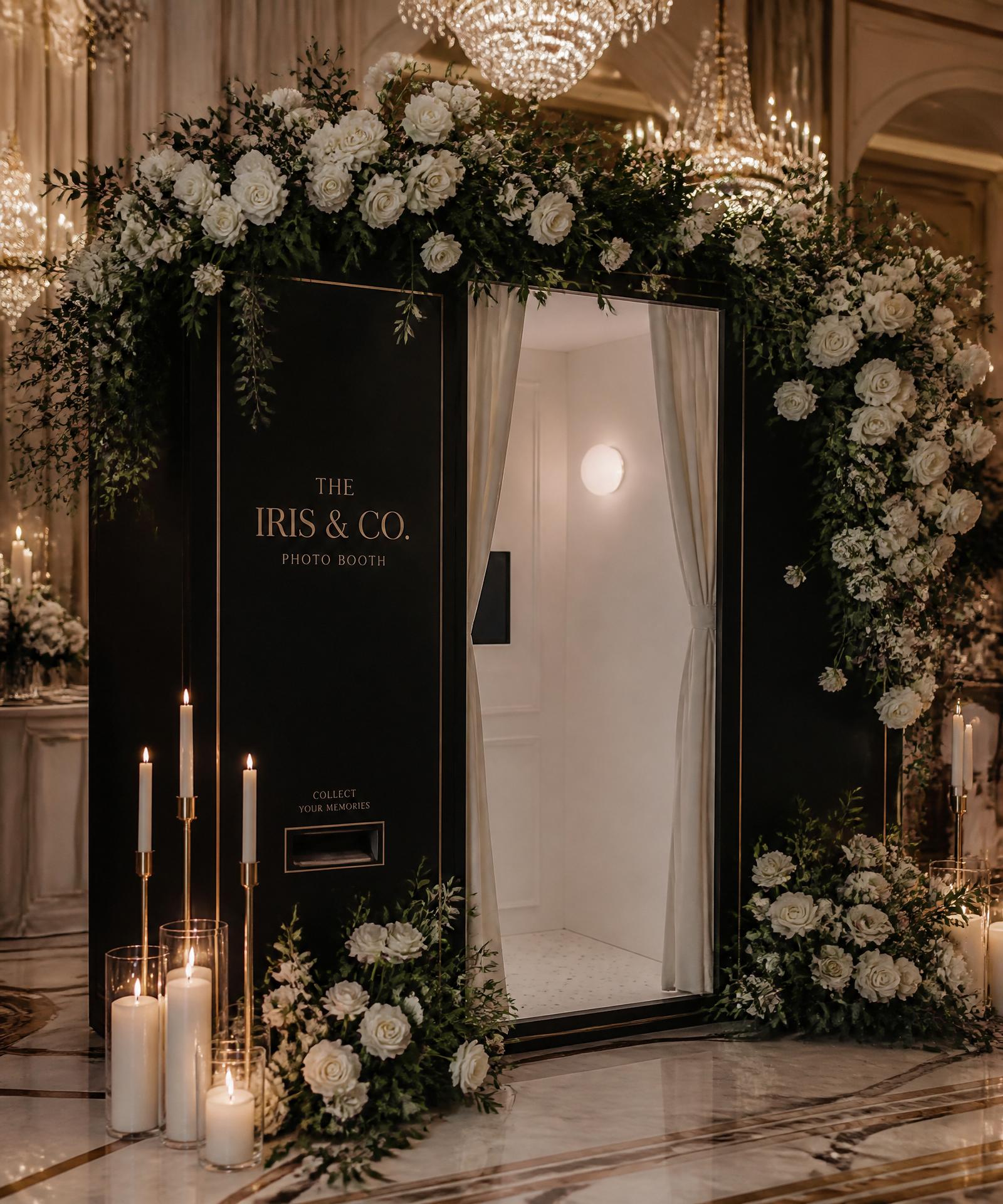 Luxury wedding scene with floral magazine box installation